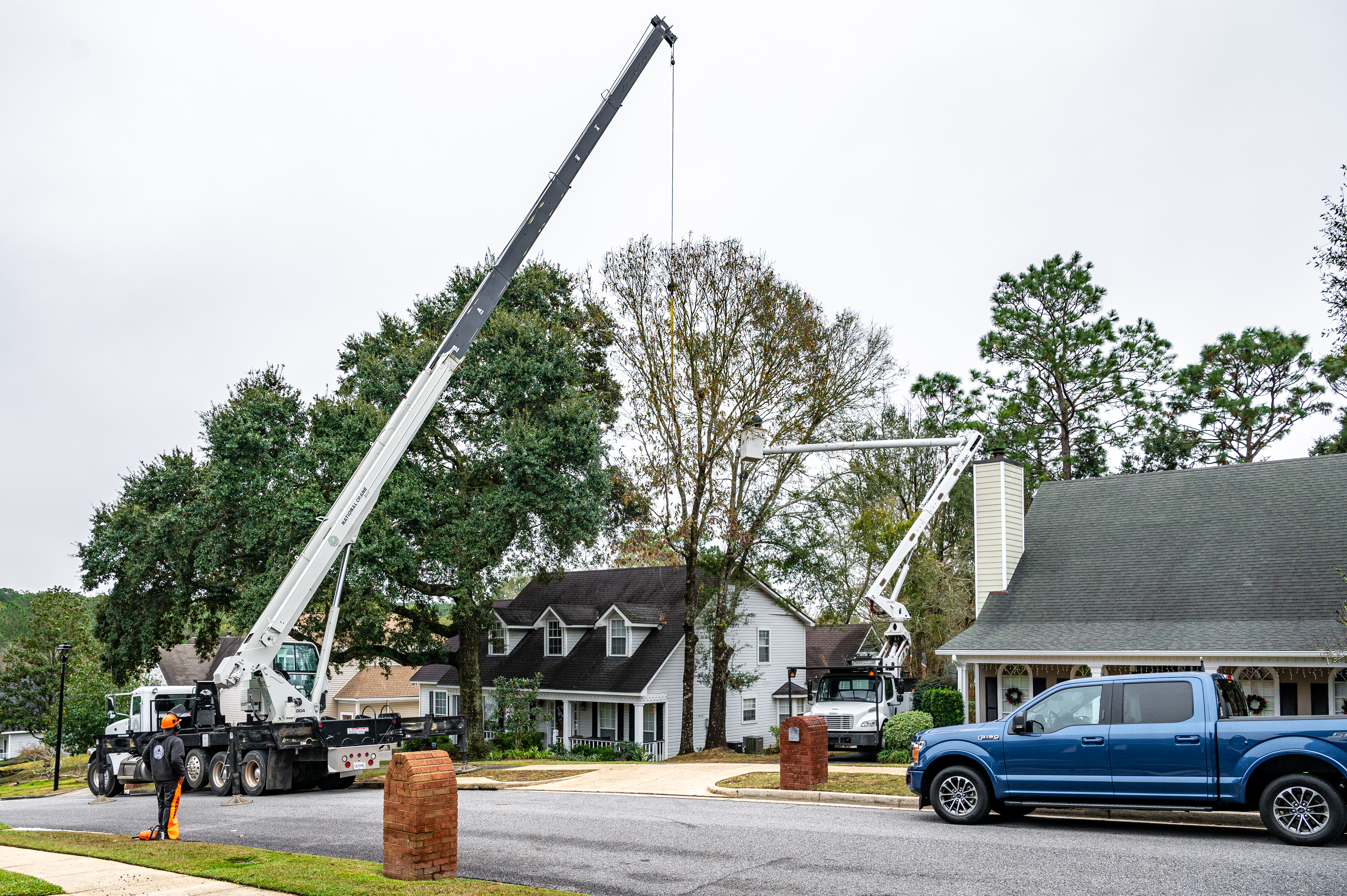 Crane and Bucket truck remove tree hanging over house.