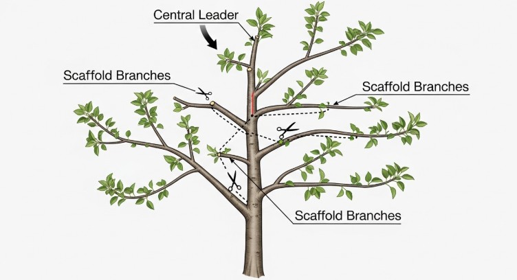 Apple tree pruning diagram highlighting central leader and scaffold branches