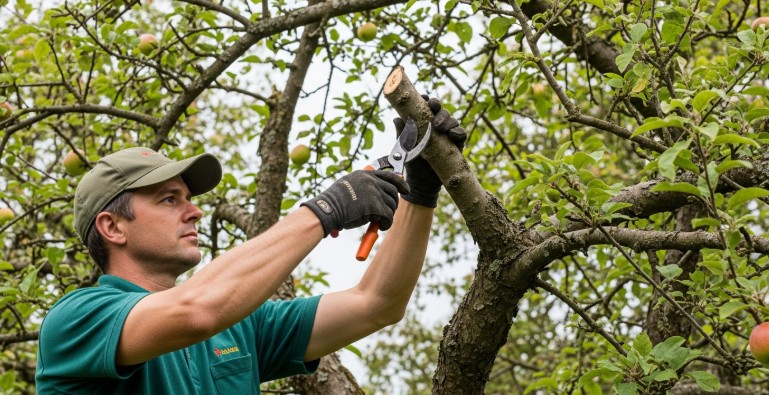Arborist removing dead branch from apple tree using pruning shears