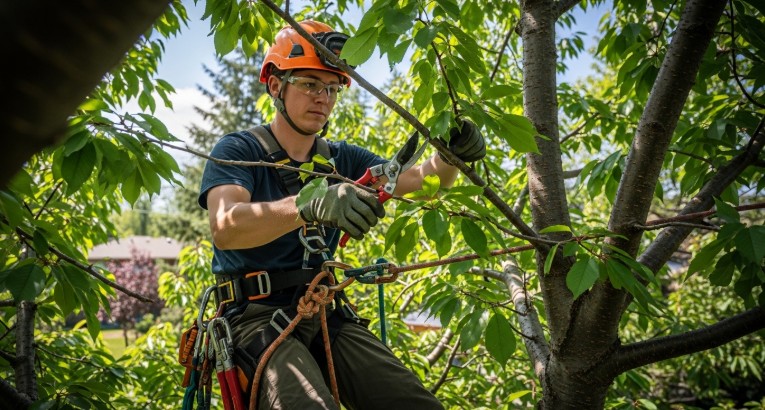 Arborist thinning cherry tree canopy using professional pruning shears