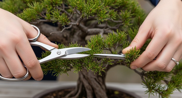 Bonsai pruning process using precision scissors for shaping branches