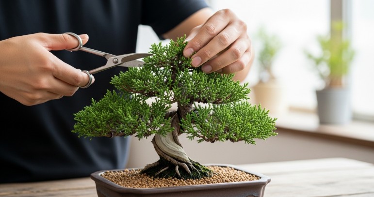 Bonsai tree being carefully pruned with precision scissors to maintain miniature structure and artistic shape