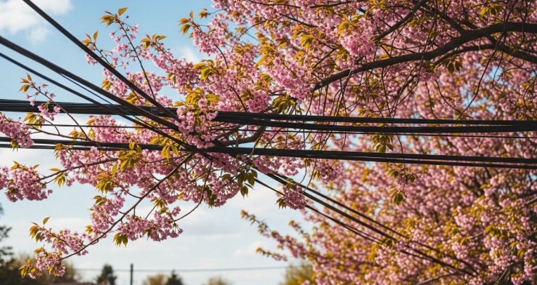 Cherry tree branches near power lines requiring professional pruning service