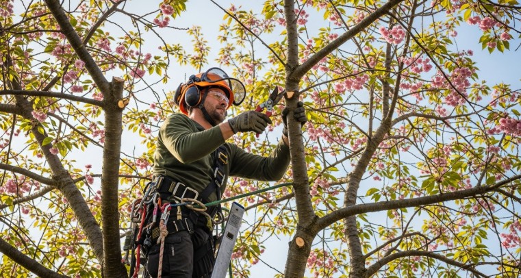 Cherry tree pruning process showing balanced canopy structure and arborist cutting branches