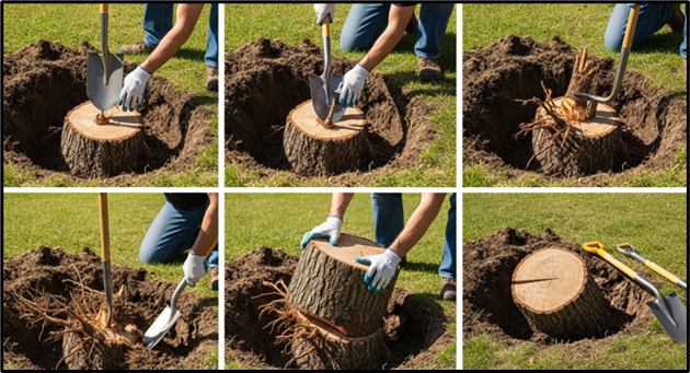 DIY guide showing how to remove a tree stump by hand with shovel and pry bar