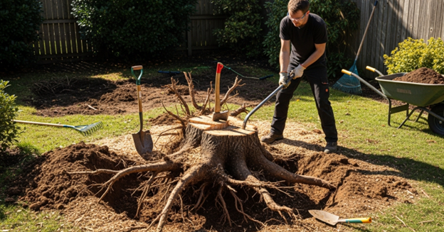 DIY removal of a tree stump by hand using shovel, axe, and pry bar in backyard landscaping