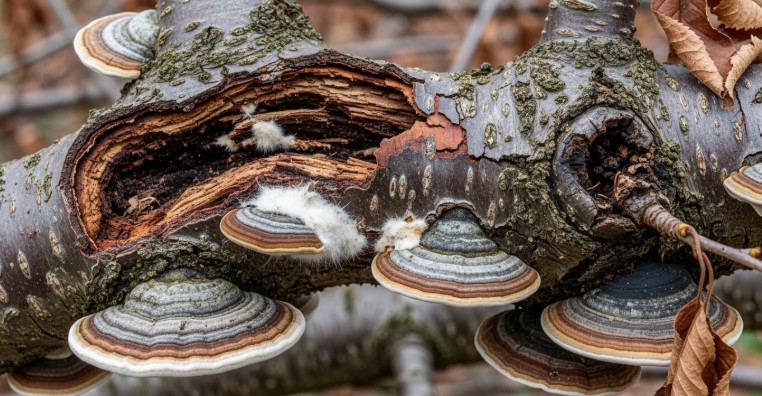 Diseased cherry tree branch showing decay and fungal infection