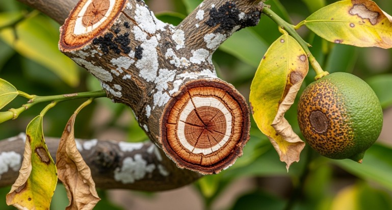 Diseased lemon tree branch showing fungal infection and internal decay