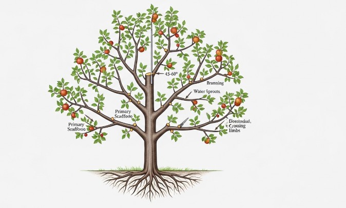 Evenly spaced scaffold branches in properly pruned apple tree diagram