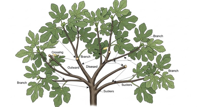Fig tree pruning diagram showing ideal branch structure and canopy shaping for healthy growth