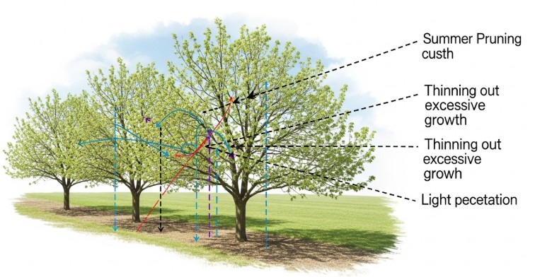 Fig tree pruning diagram showing ideal branch structure, canopy shaping, and proper cutting zones for healthy growth and fruit production
