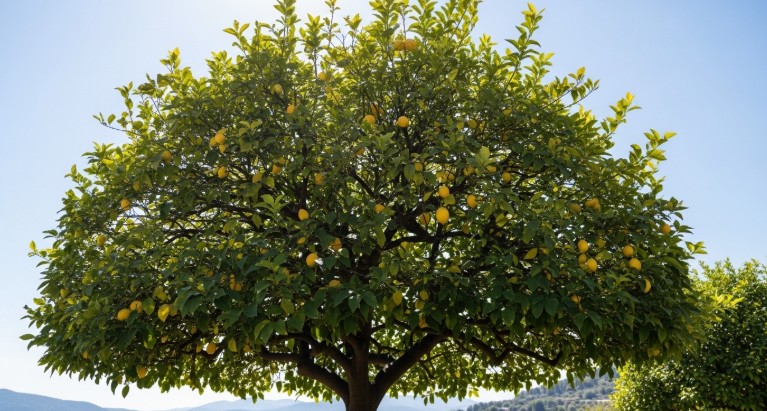 Healthy lemon tree with open canopy after proper pruning showing balanced branch structure and sunlight exposure