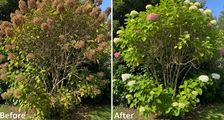 Hydrangea tree before and after pruning showing improved structure and blooms