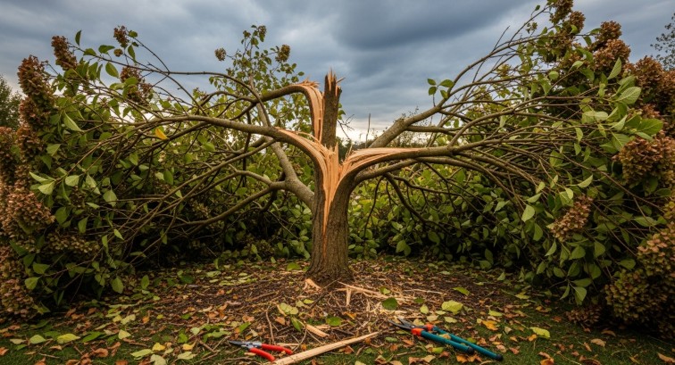 Hydrangea tree with broken branches after storm damage requiring pruning