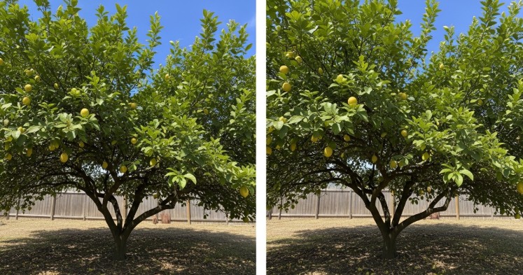 Lemon tree structure showing open canopy with balanced branch spacing after pruning