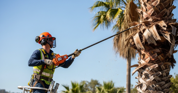Person trimming a palm tree trunk with a pole saw and safety gear for healthy maintenance
