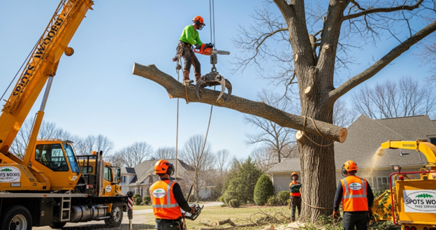 Professional removing a large tree safely with equipment – Spots Woods Tree Service