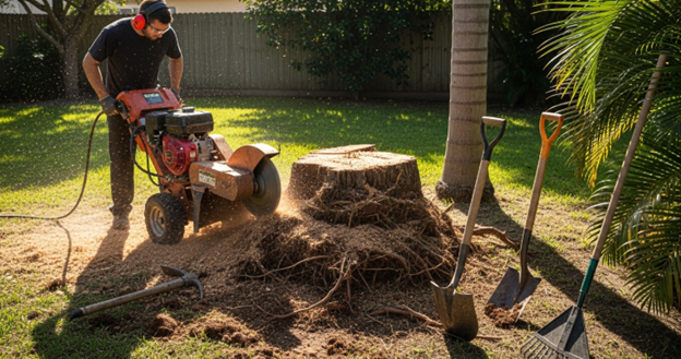 Removing a palm tree stump with a stump grinder and manual tools in a backyard