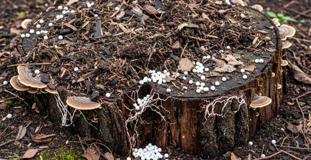 Rotting a tree stump naturally with mulch and nitrogen fertilizer for safe decomposition