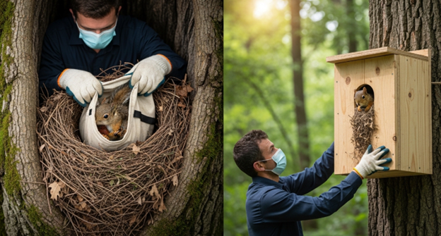 Squirrel nest in tree showing safe removal and relocation techniques