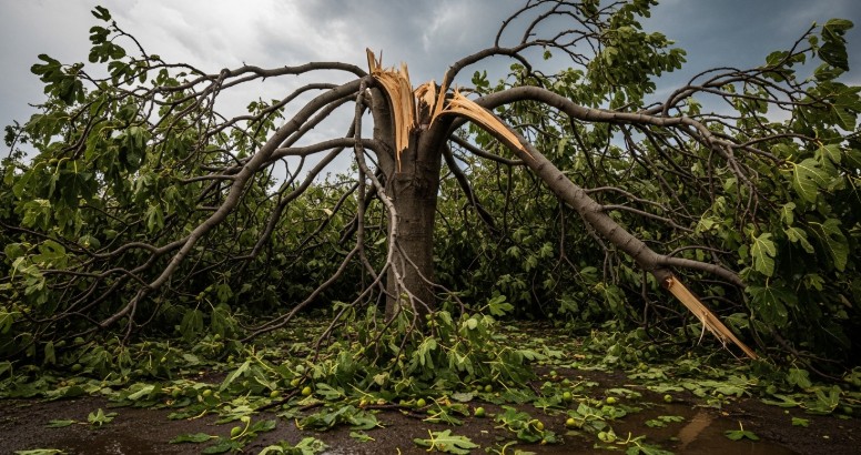 Storm damaged fig tree with broken and hanging branches requiring pruning