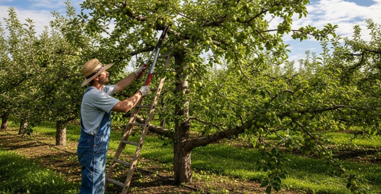 Thinning apple tree branches to improve airflow and sunlight exposure