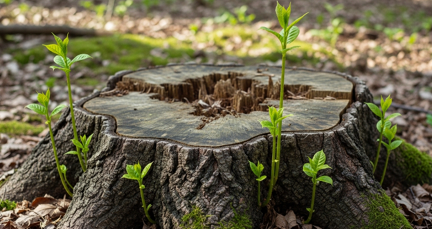 Tree stump with new shoots growing, showing regrowth from a stump