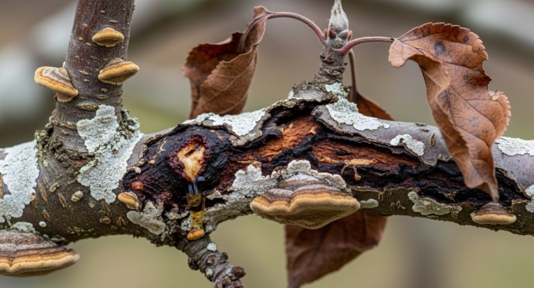 Diseased apple tree branch showing fungal infection and decay