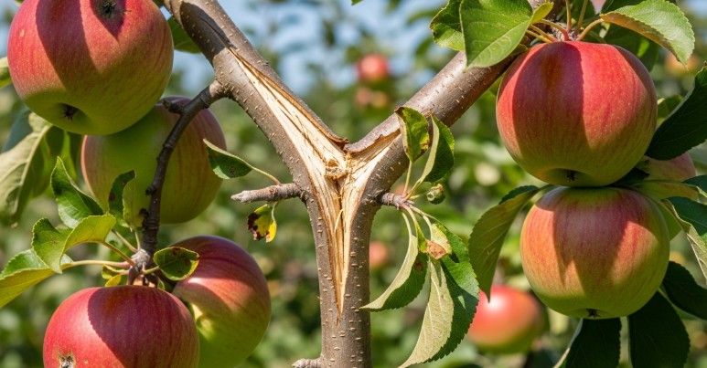 Weak V-shaped apple tree branch prone to breaking under fruit weight