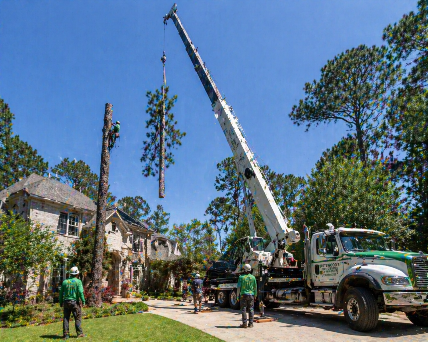 Professional crane tree removal service lifting a large pine tree over a house in Daphne AL to ensure property safety.
