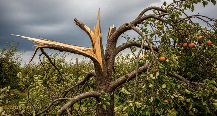 Storm damaged apple tree with broken branches requiring pruning