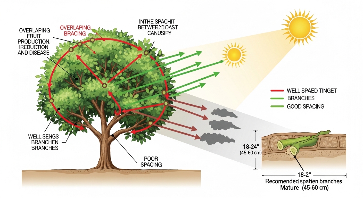 Visual guide explaining apple tree branch spacing for sunlight exposure
