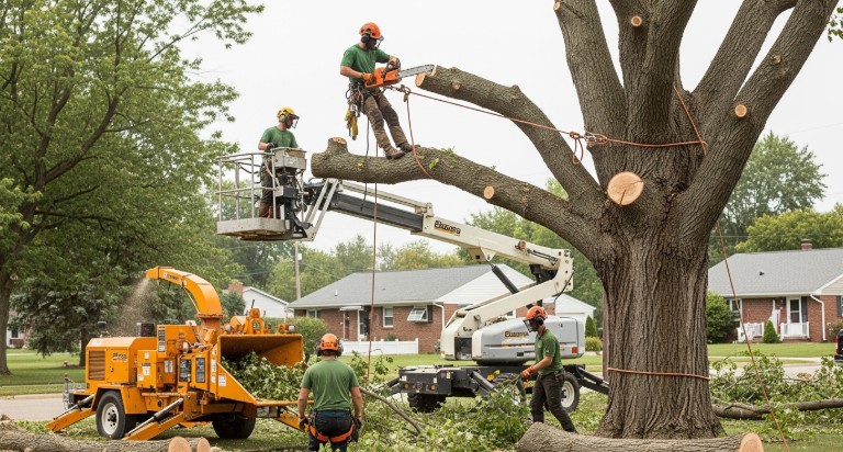 Professional arborist removing large tree safely with equipment