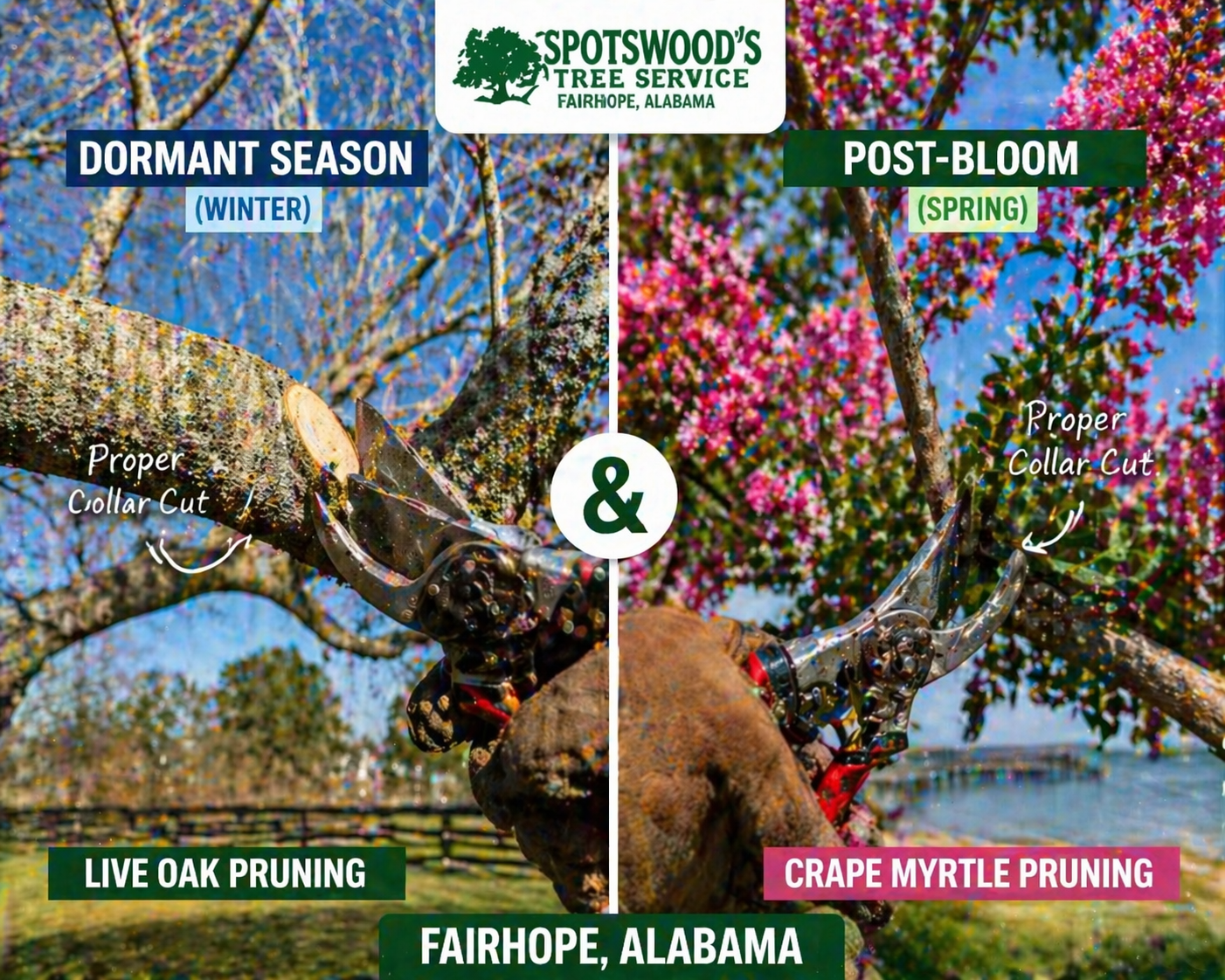 Seasonal pruning guide for Live Oaks and Crape Myrtles in Fairhope Alabama’s Gulf Coast climate.