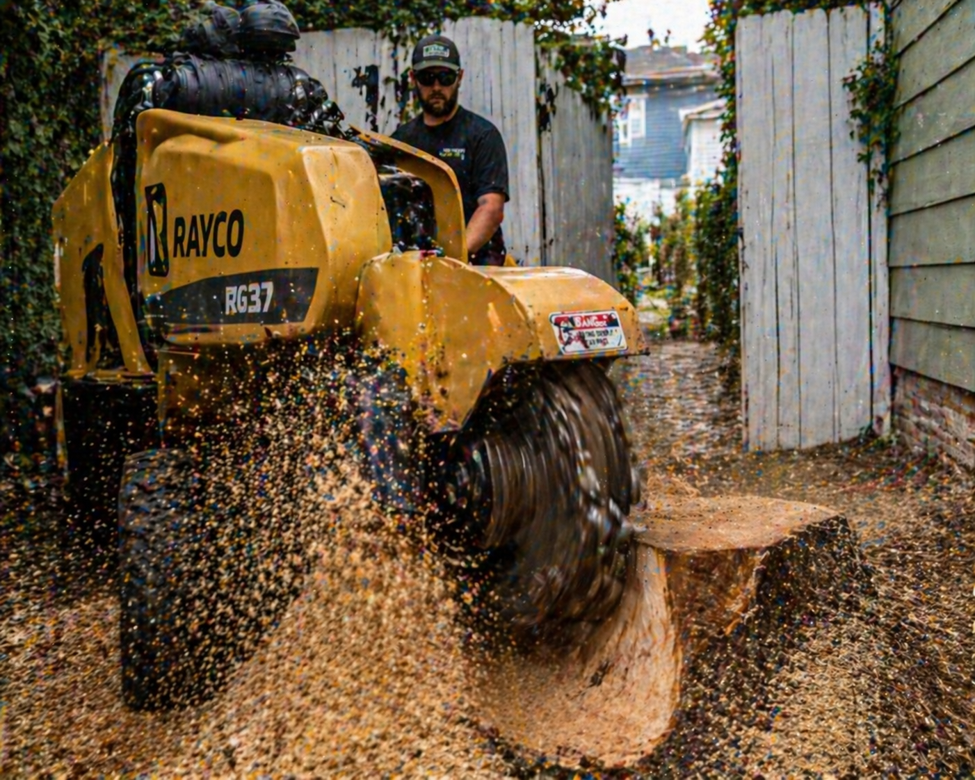 Professional stump grinding machine removing a large hardwood stump in a Fairhope AL backyard.