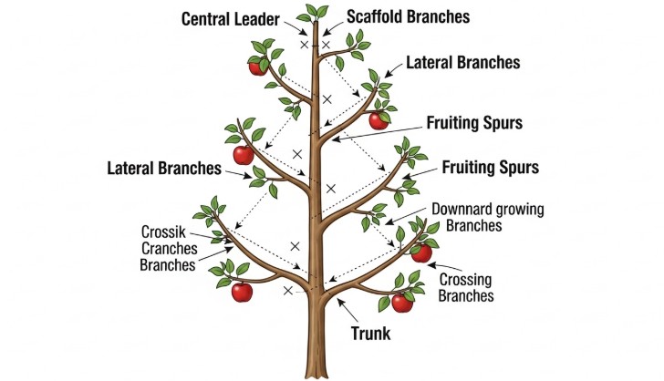 Apple tree pruning diagram showing central leader and scaffold branches structure