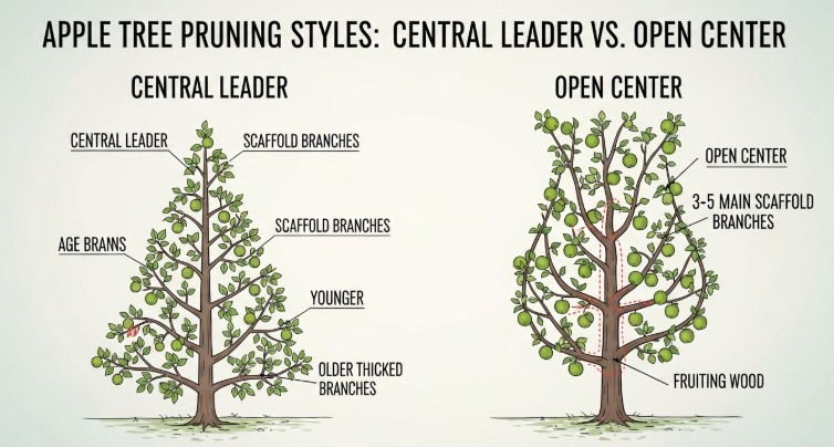 Comparison diagram of central leader and open center apple tree pruning styles