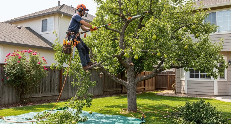 Professional arborist pruning pear tree in backyard