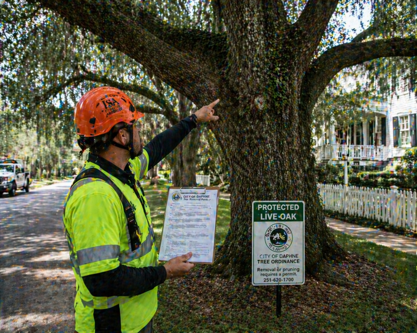 Professional arborist evaluating a tree for a Daphne AL city removal permit application.