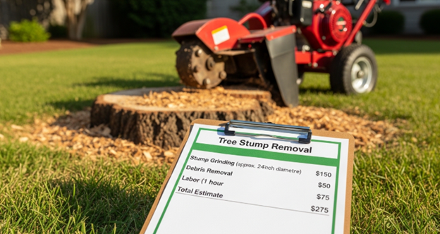 tree stump removal cost estimate using stump grinder in residential yard