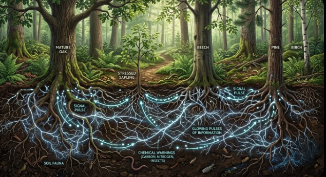 Trees communicating through underground fungal networks in forest