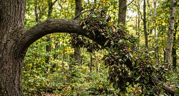 Tree branch bending under weight showing natural load capacity