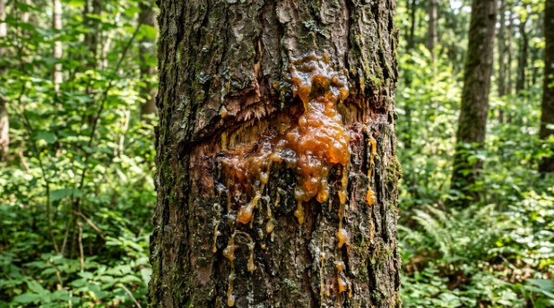 Tree sap resin sealing a damaged tree trunk in nature